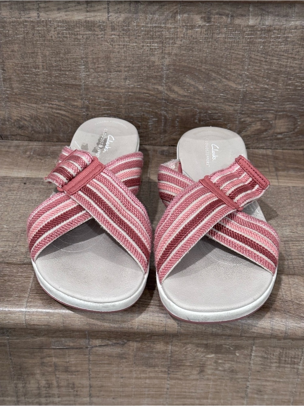 Clarks Kids Pink and Cream Striped Crossband Sandals